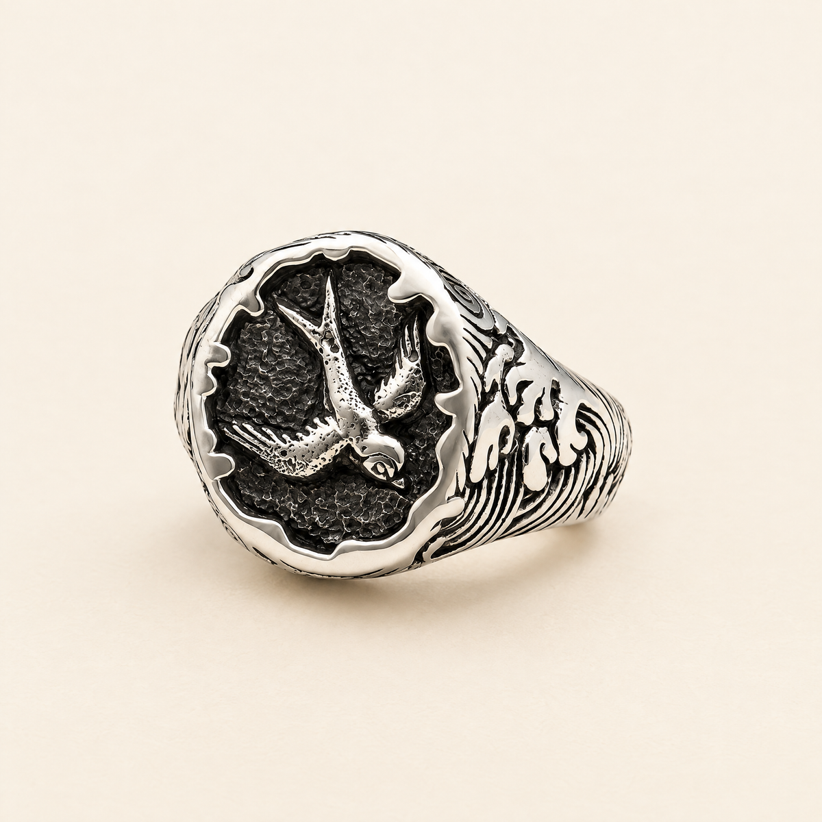 Men's Signet Ring with Swallow and Wave Carving, 925 Sterling Silver — full view