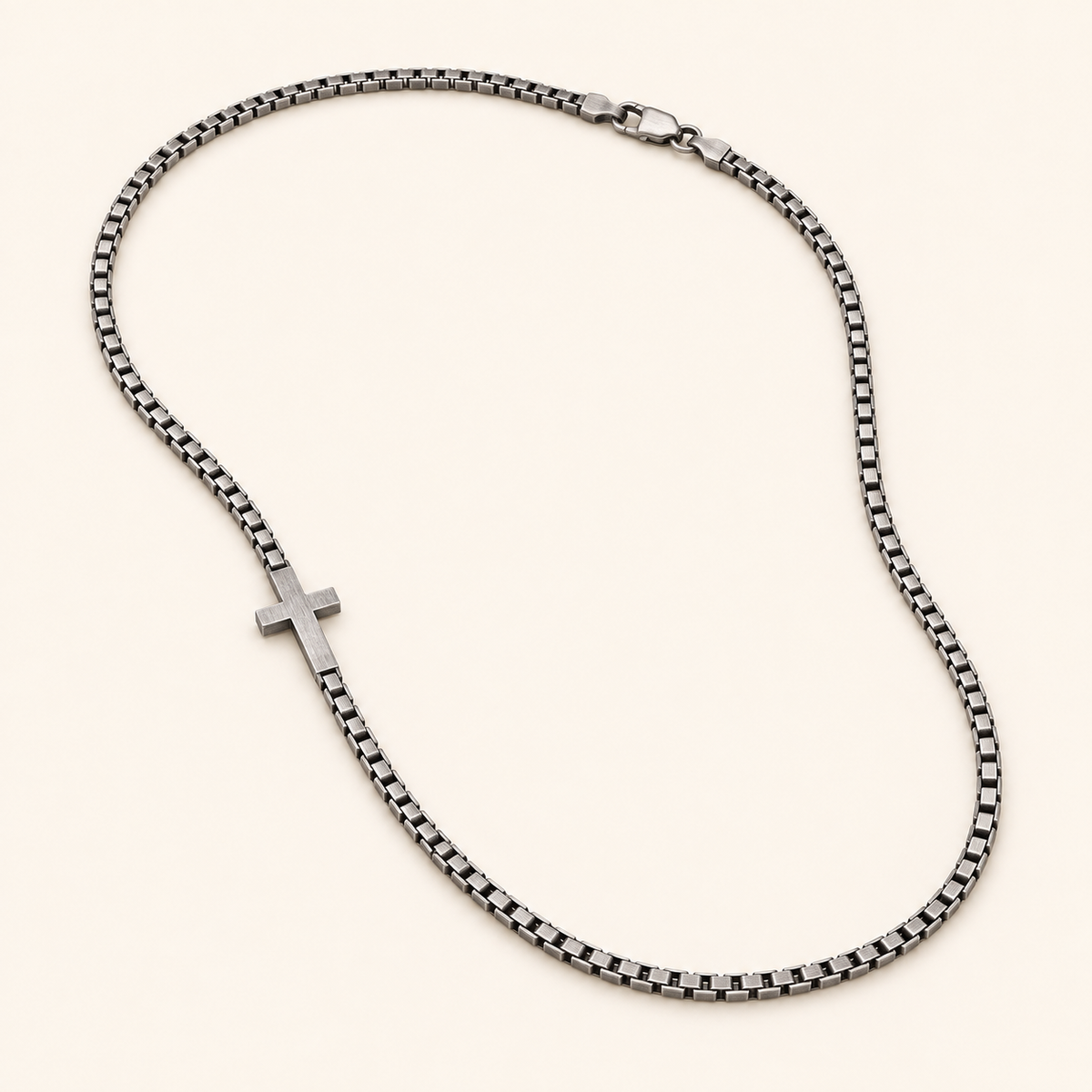 Men's 2.5mm Box Chain with Side Cross, 925 Sterling Silver — full view