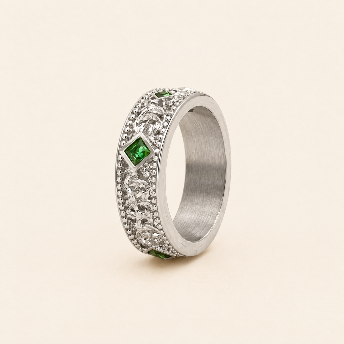 Men's Crown Ring, Green Cubic Zirconia, 316L Steel, 18K White Gold Plated — full view
