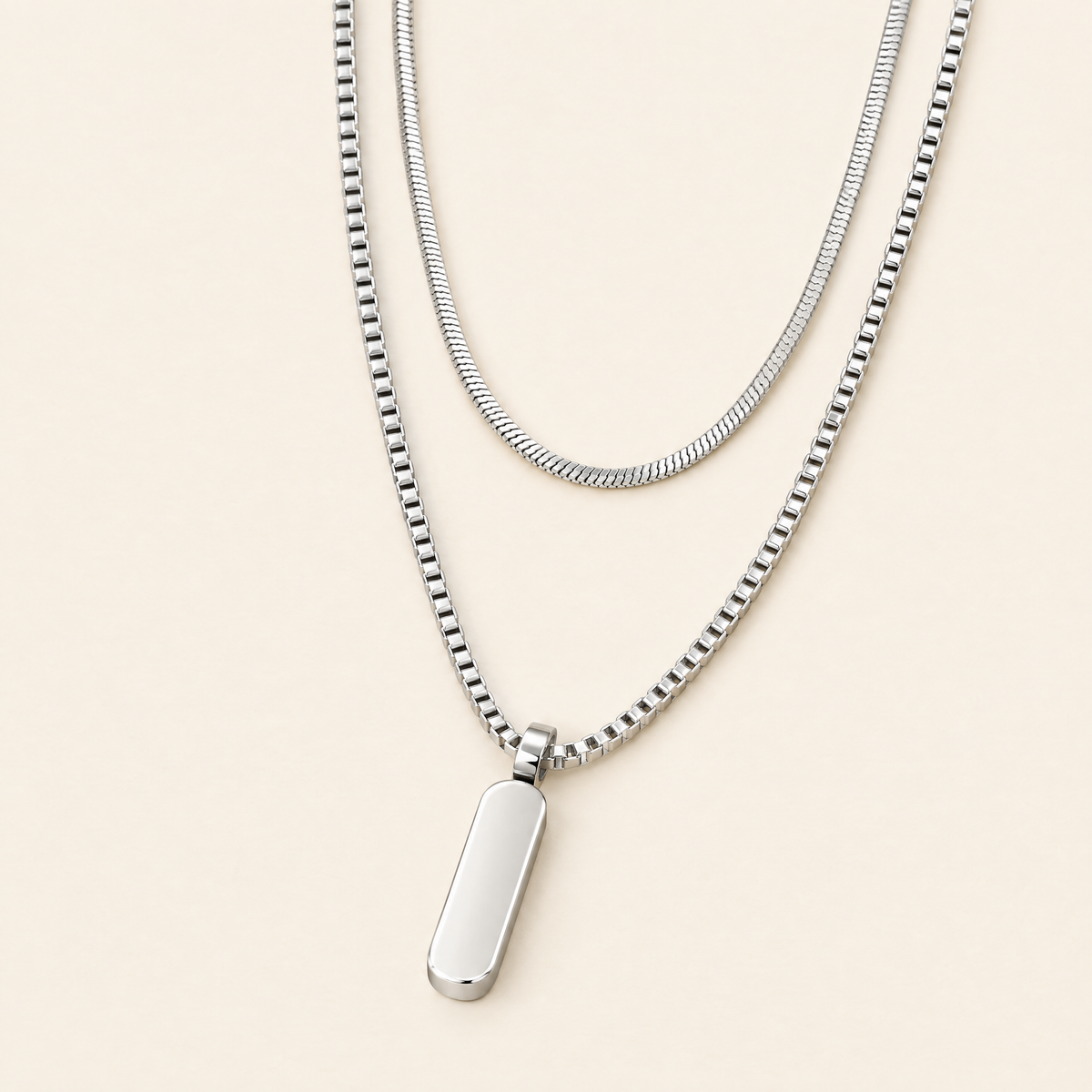 Men's Pendant Necklace Set, 2 Stainless Steel Chains, Silver or 18K Gold Plated — full view