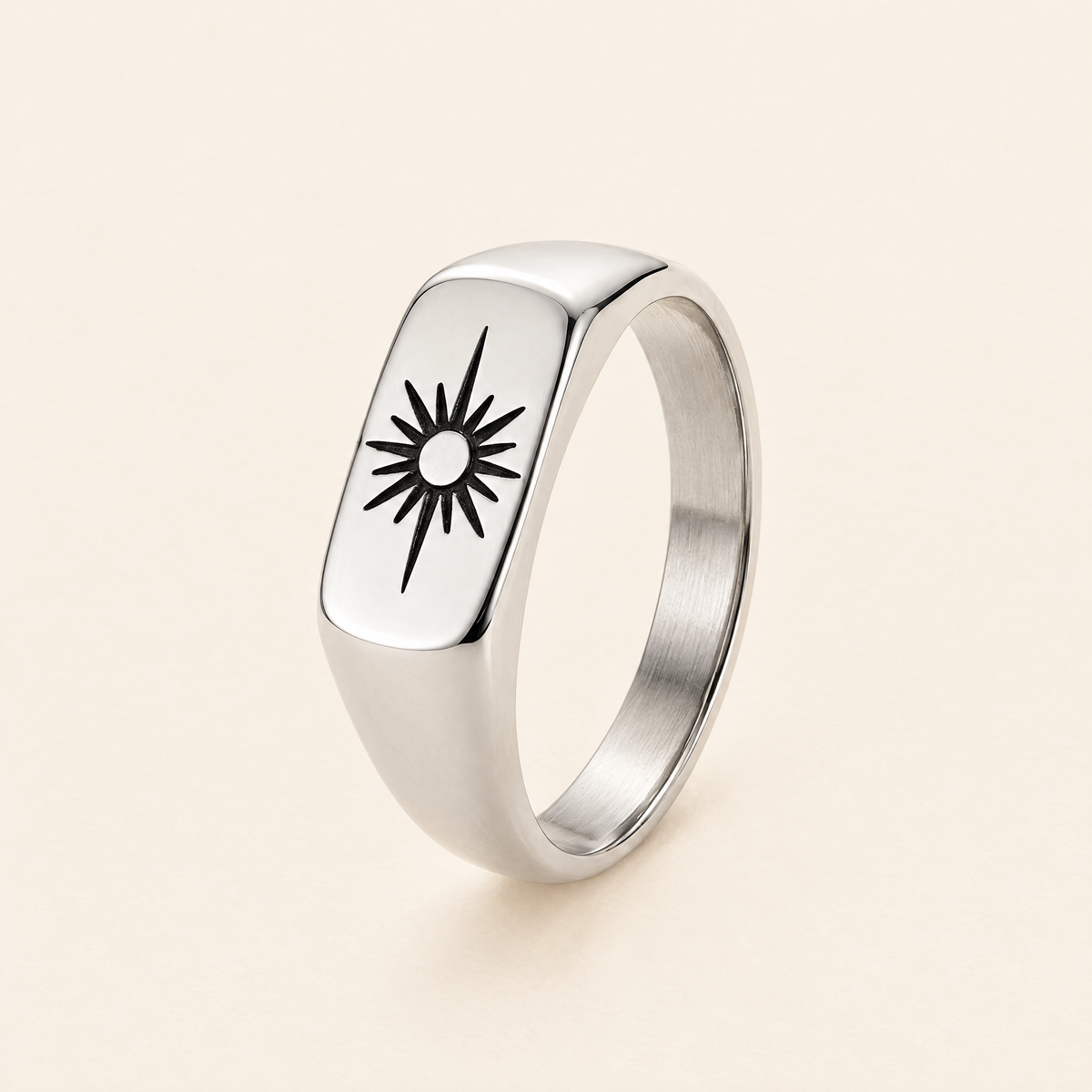 Men's Sunburst Signet Ring, Stainless Steel, Rhodium or 18K Gold PVD — full view