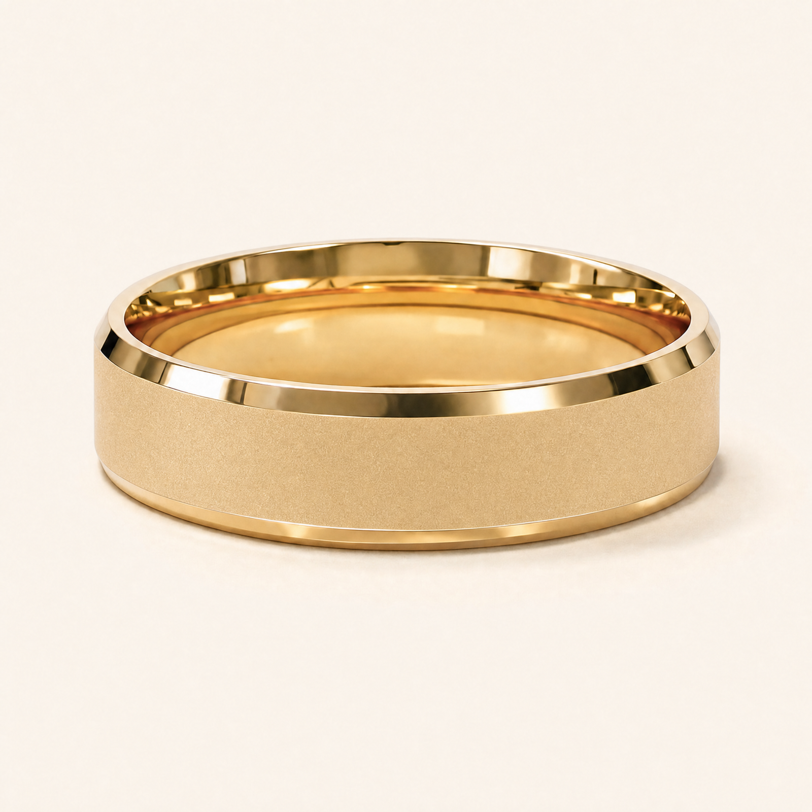 Gold · Ice matte — men's 5mm beveled frosted ice matte gold wedding band, close-up of the band's beveled edge and finish