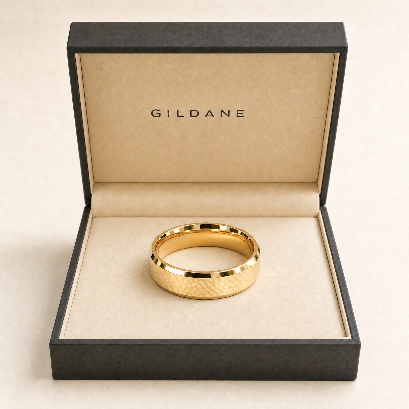 Gold · Hammered — men's 5mm beveled hammered gold wedding band, the band in the GILDANE gift box