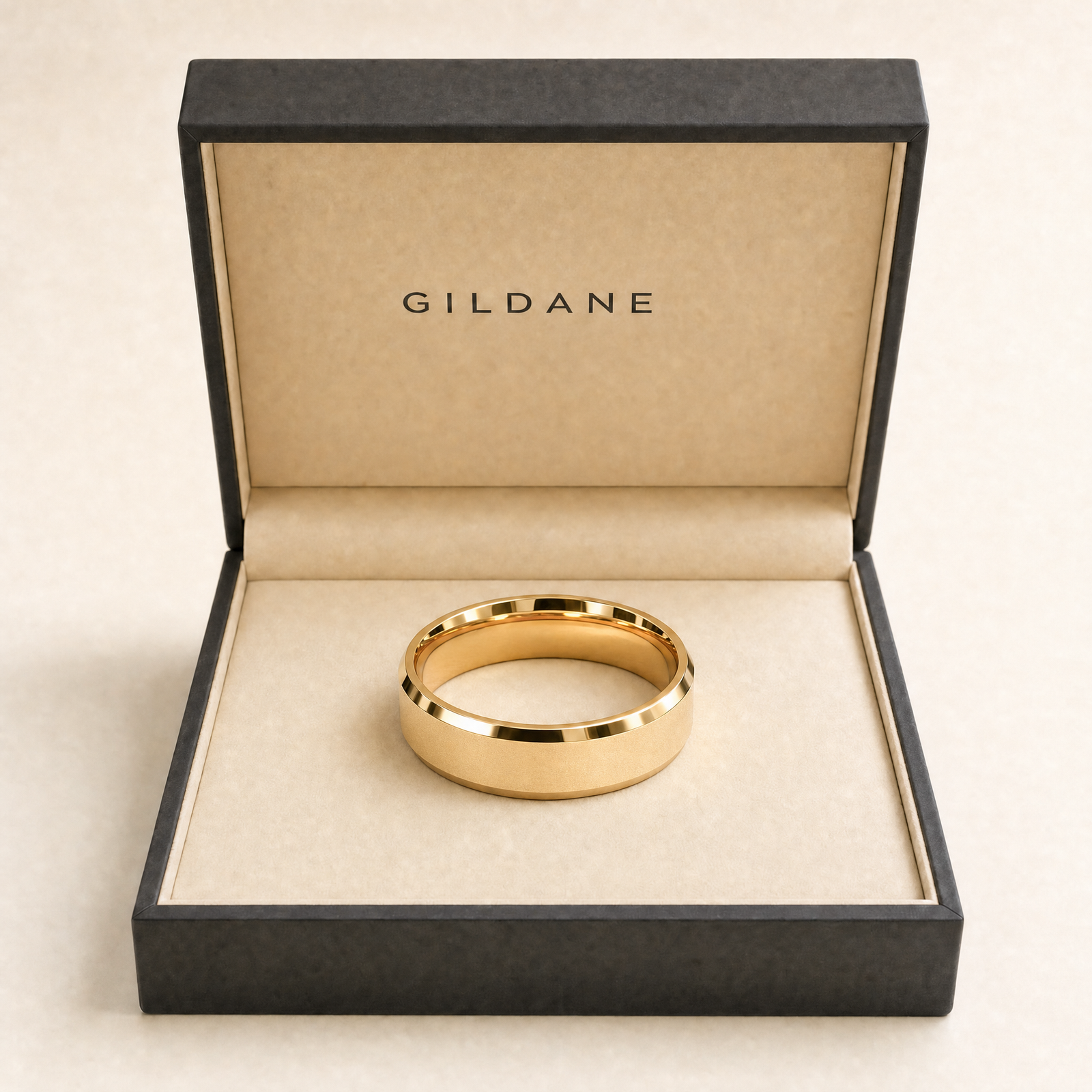 Gold · Ice matte — men's 5mm beveled frosted ice matte gold wedding band, the band in the GILDANE gift box