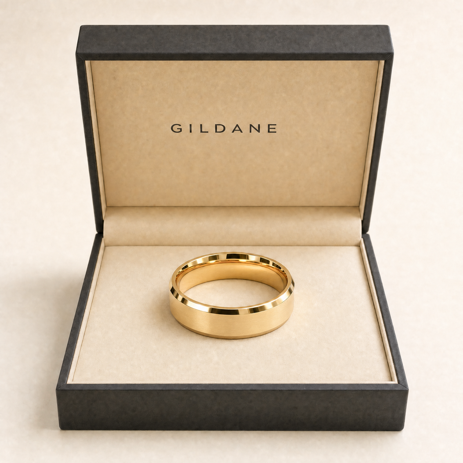 Gold · Matte — men's 5mm beveled matte brushed gold wedding band, the band in the GILDANE gift box