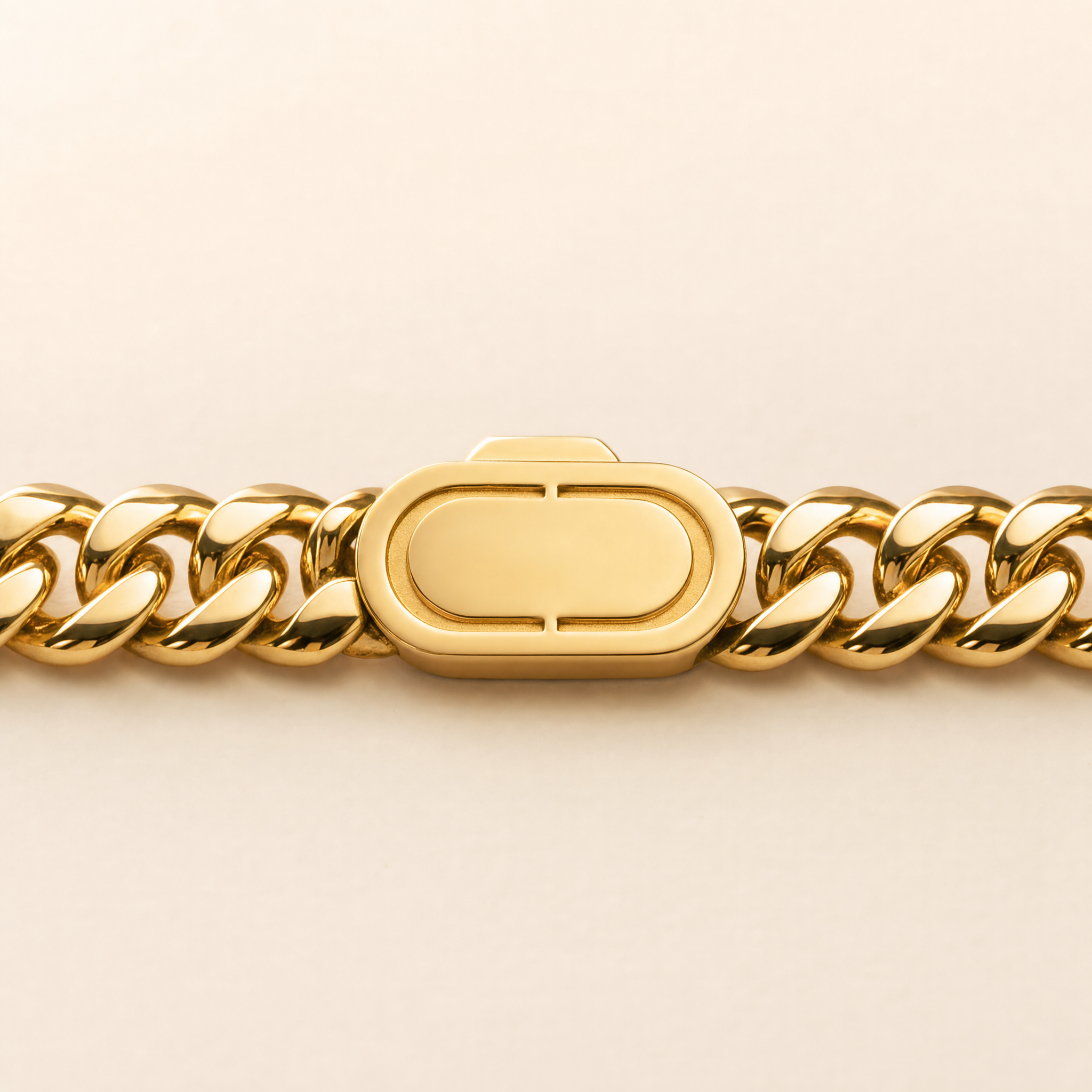 Close-up of the 8mm Cuban chain's box clasp, closed
