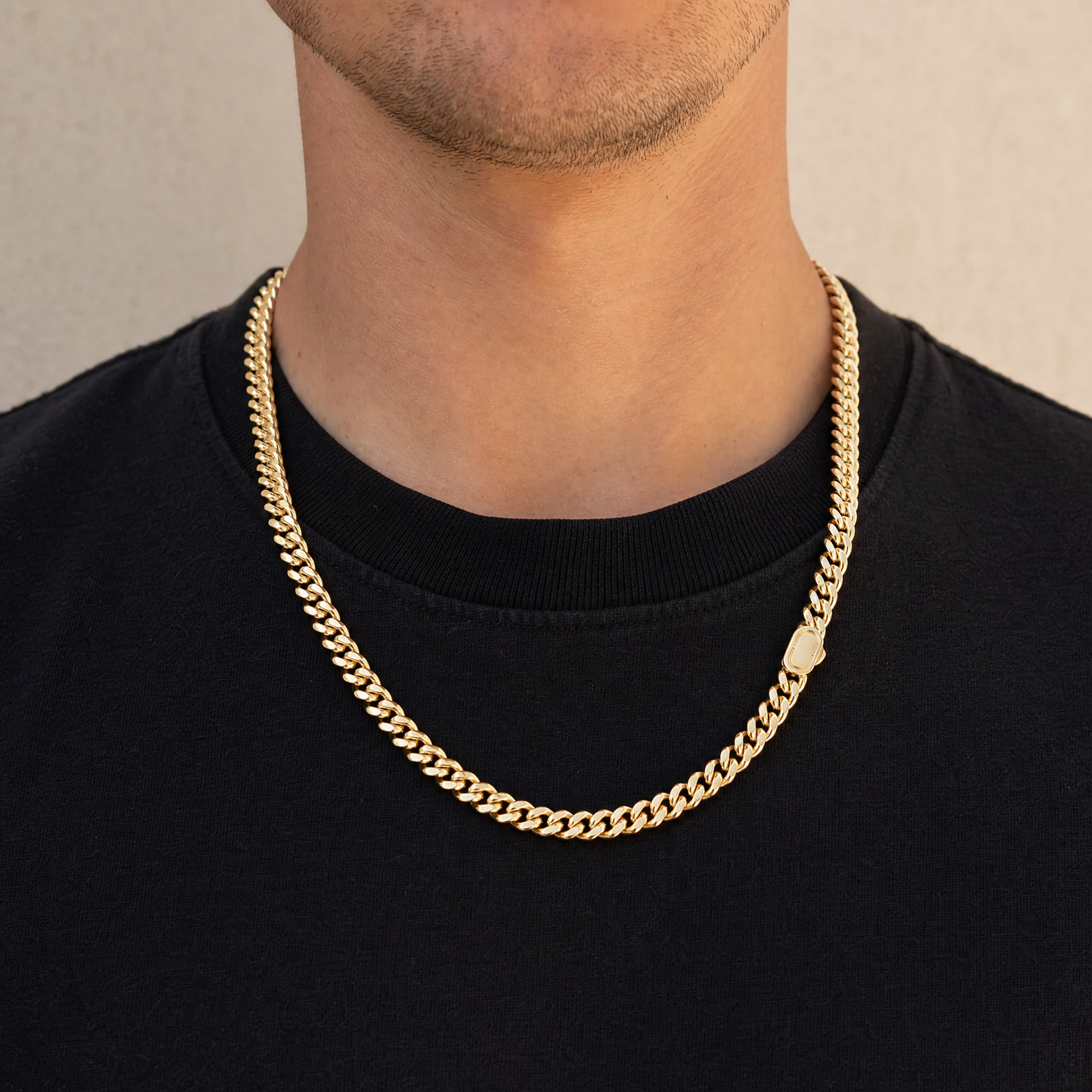 22 inch 8mm Cuban chain shown at its worn length on the chest