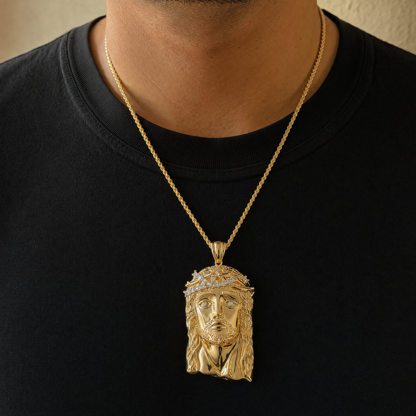 Baguette Moissanite Jesus Piece — 14K Gold Vermeil, 925 Silver — material detail