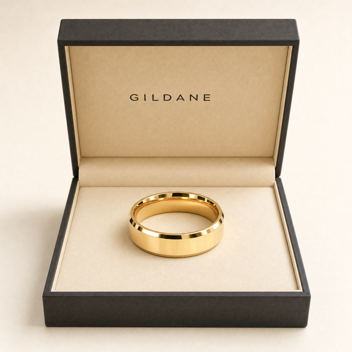 Gold — gold beveled wedding band in the GILDANE gift box