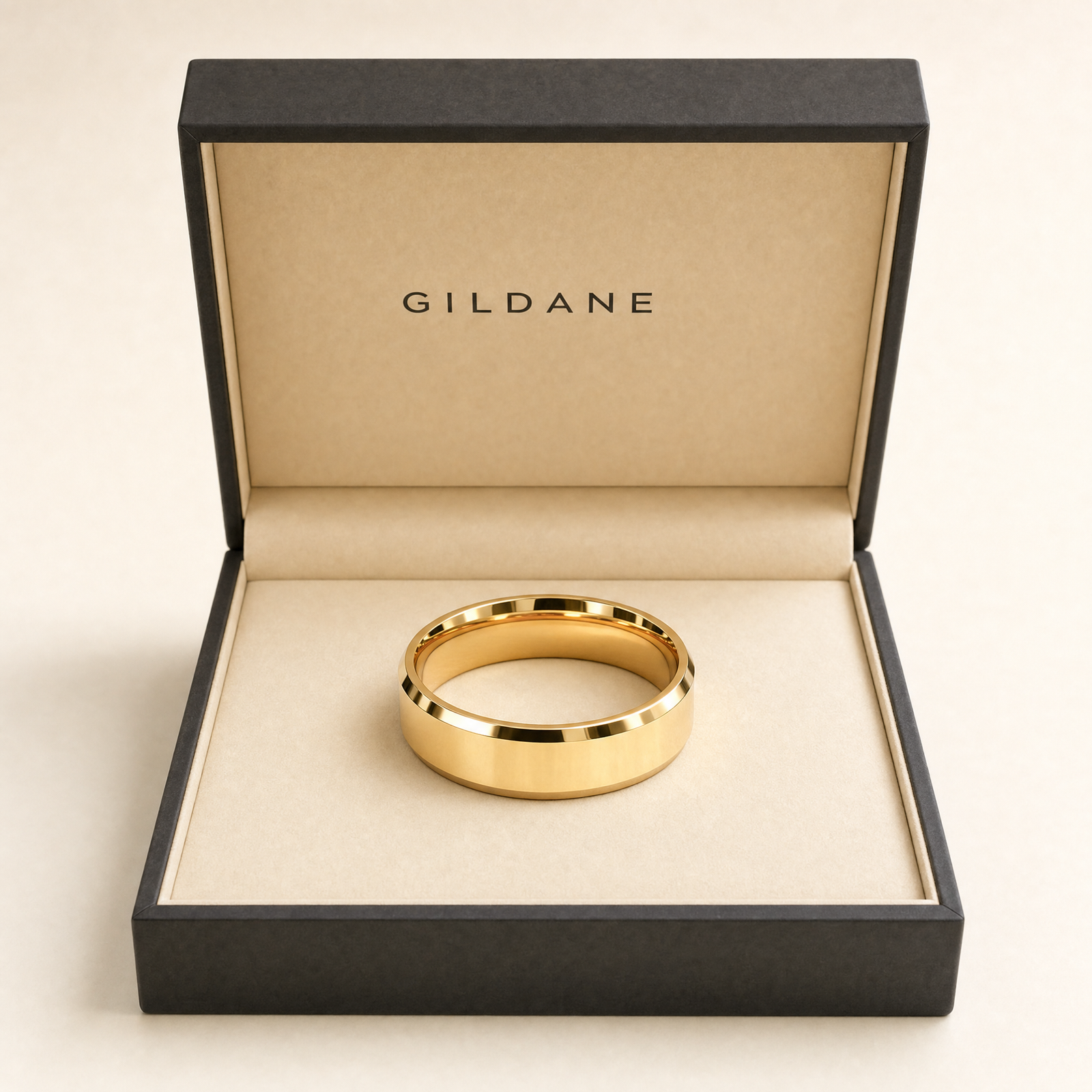 Gold beveled wedding band in the GILDANE gift box