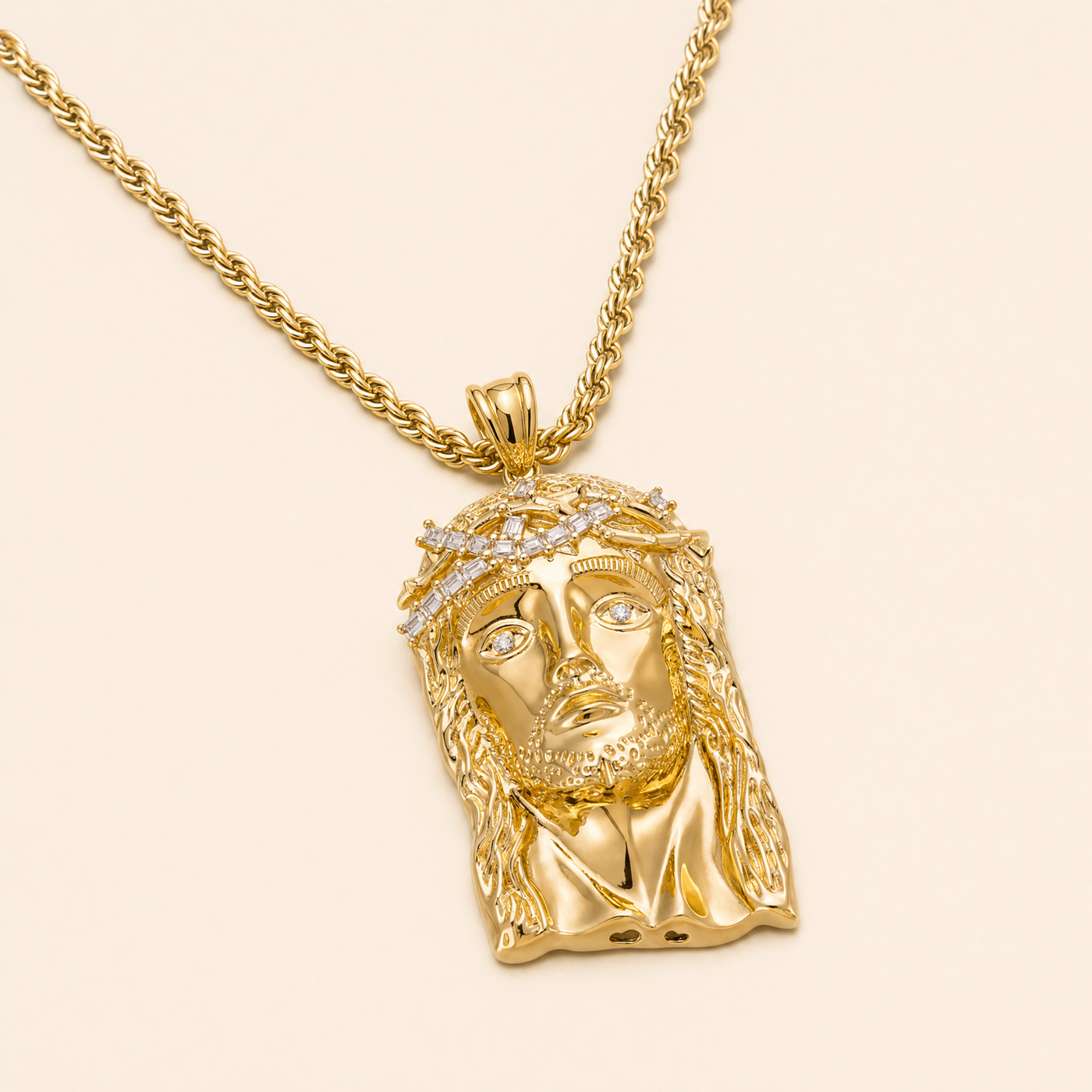 Baguette Moissanite Jesus Piece — 14K Gold Vermeil, 925 Silver — full view