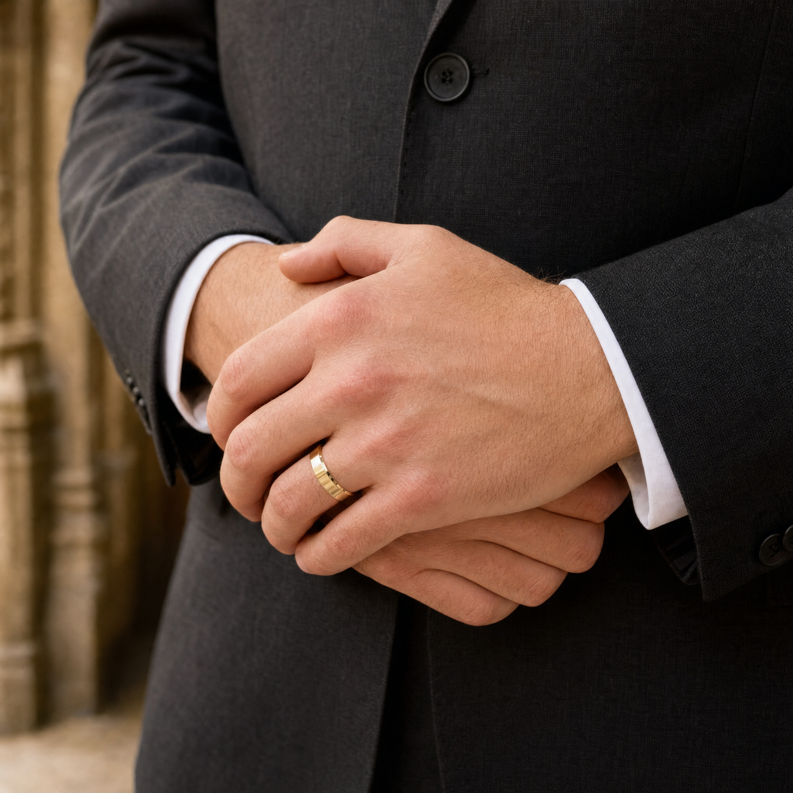 Gold — gold beveled band at true size on clasped hands in a suit