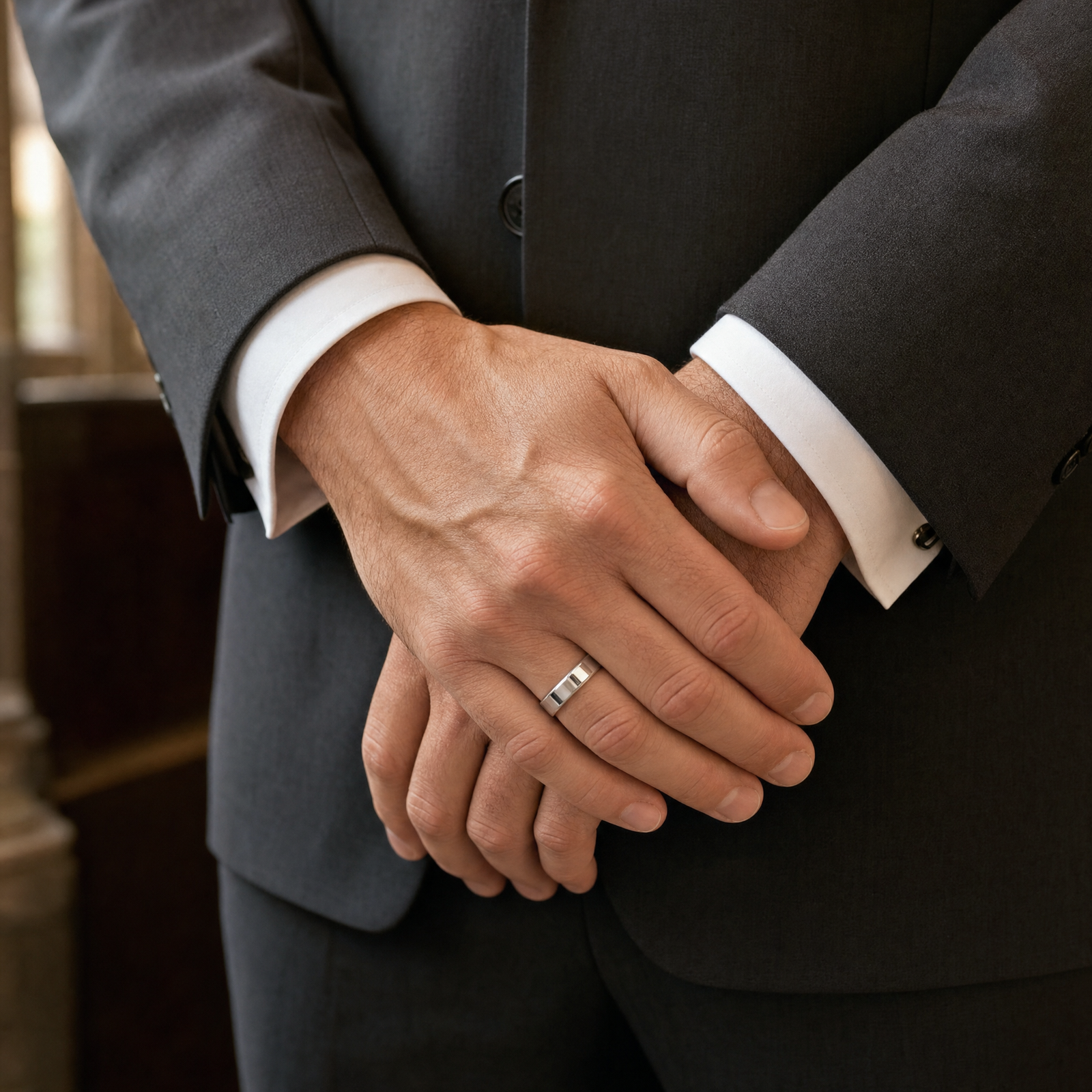 Silver — silver beveled band at true size on clasped hands in a suit
