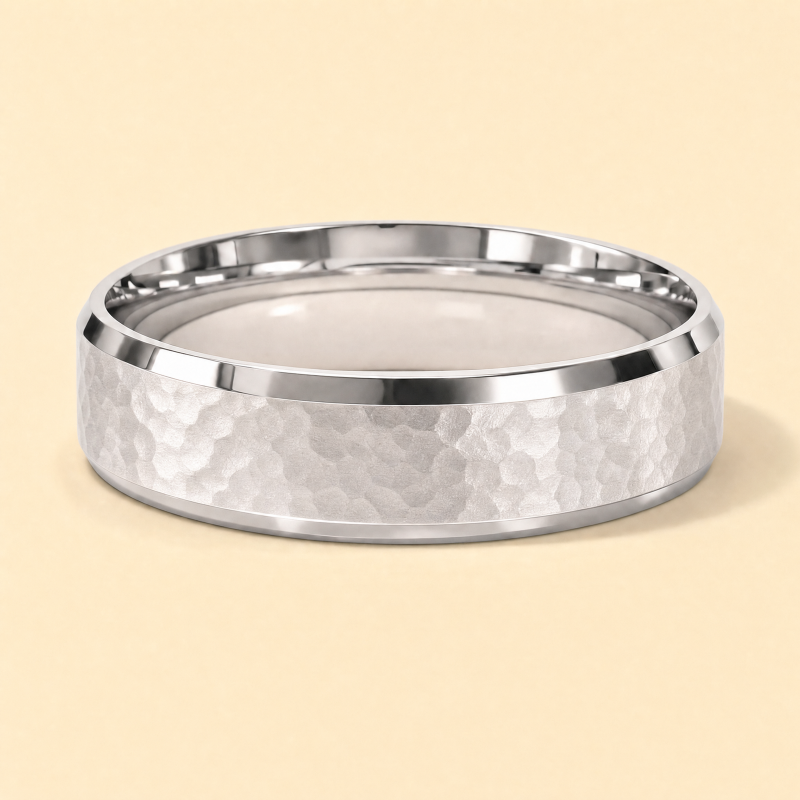 Silver · Hammered — men's 5mm beveled hammered silver wedding band, close-up of the band's beveled edge and finish
