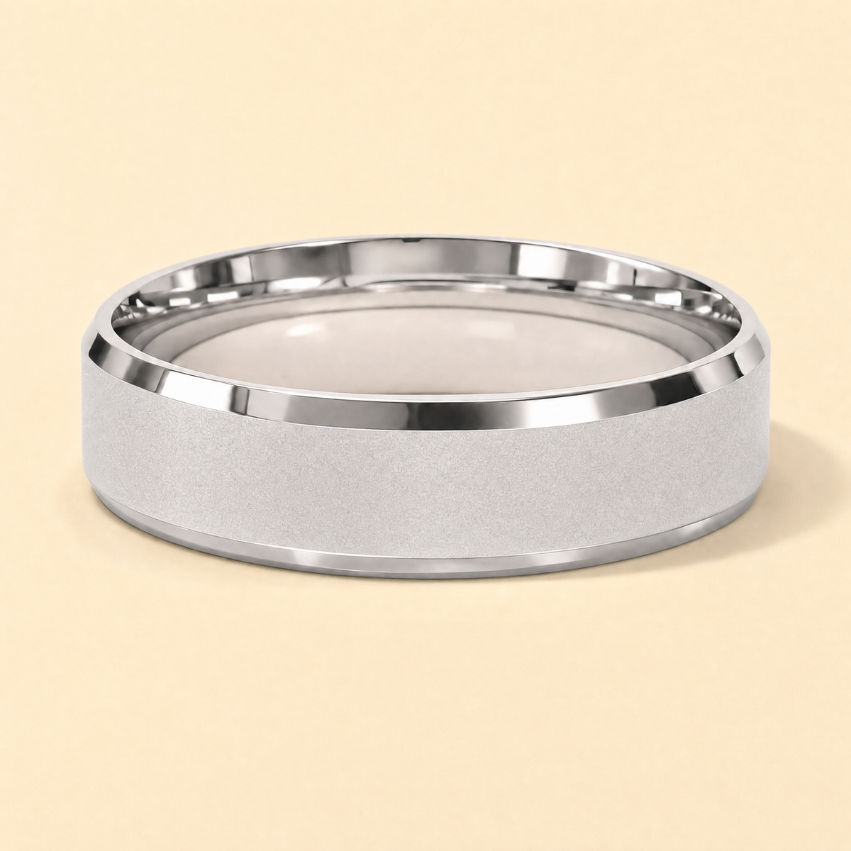 Silver · Ice matte — men's 5mm beveled frosted ice matte silver wedding band, close-up of the band's beveled edge and finish