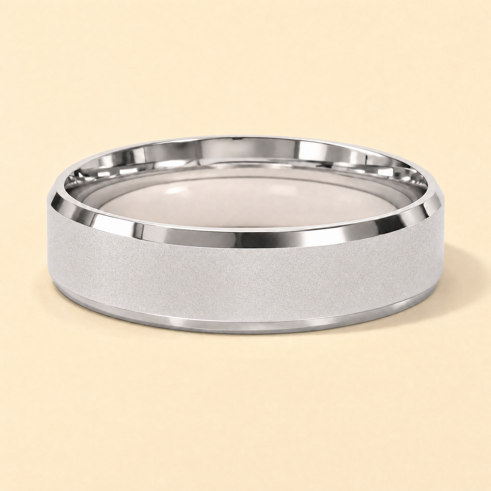 Silver · Ice matte — men's 5mm beveled frosted ice matte silver wedding band, close-up of the band's beveled edge and finish