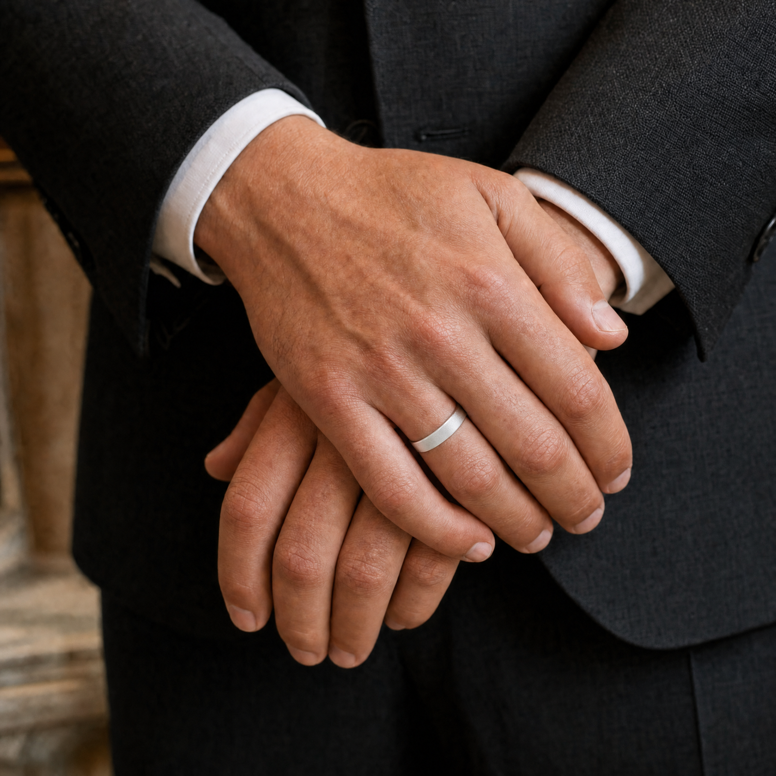 Silver · Ice matte — men's 5mm beveled frosted ice matte silver wedding band, the band at true size on clasped hands in a suit