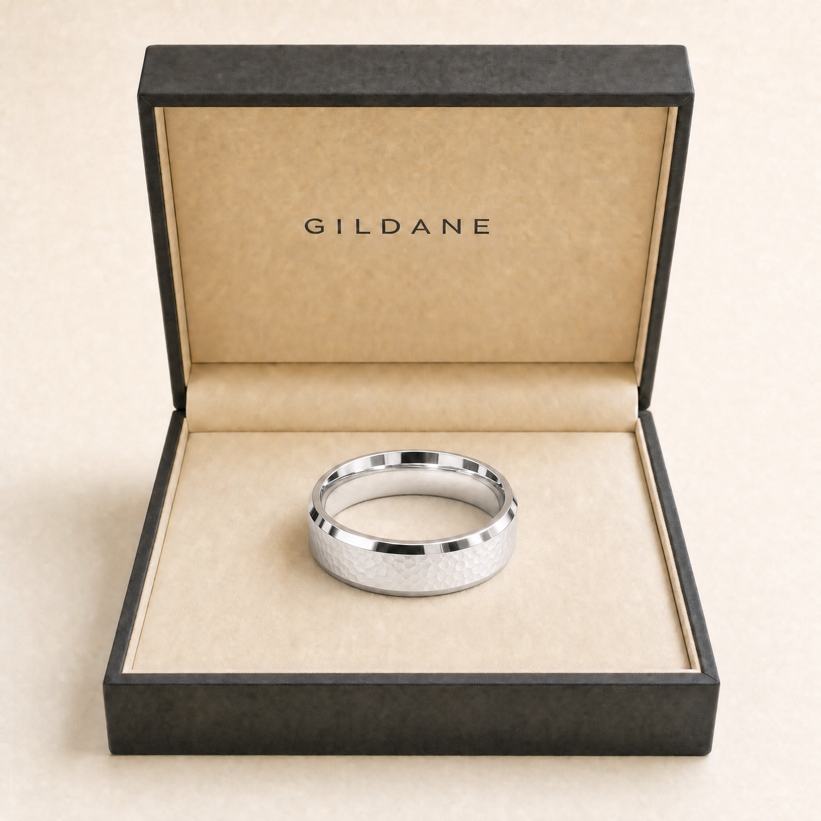 Silver · Hammered — men's 5mm beveled hammered silver wedding band, the band in the GILDANE gift box