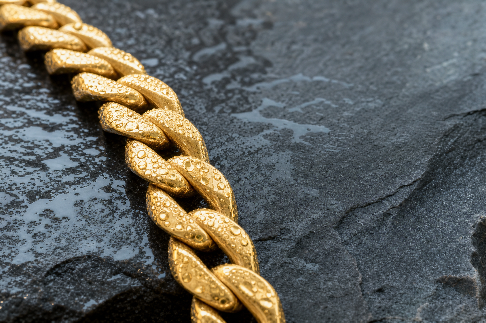 Water droplets beaded on the links of a gold cuban chain resting on wet dark slate